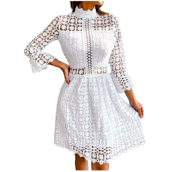 EILLY BAZAAR Mesh Insert Mock Neck Flounce Lace Dress White Size M - Picture 1 of 6